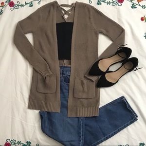 Taupe Ribbed Back-Lace Cardigan